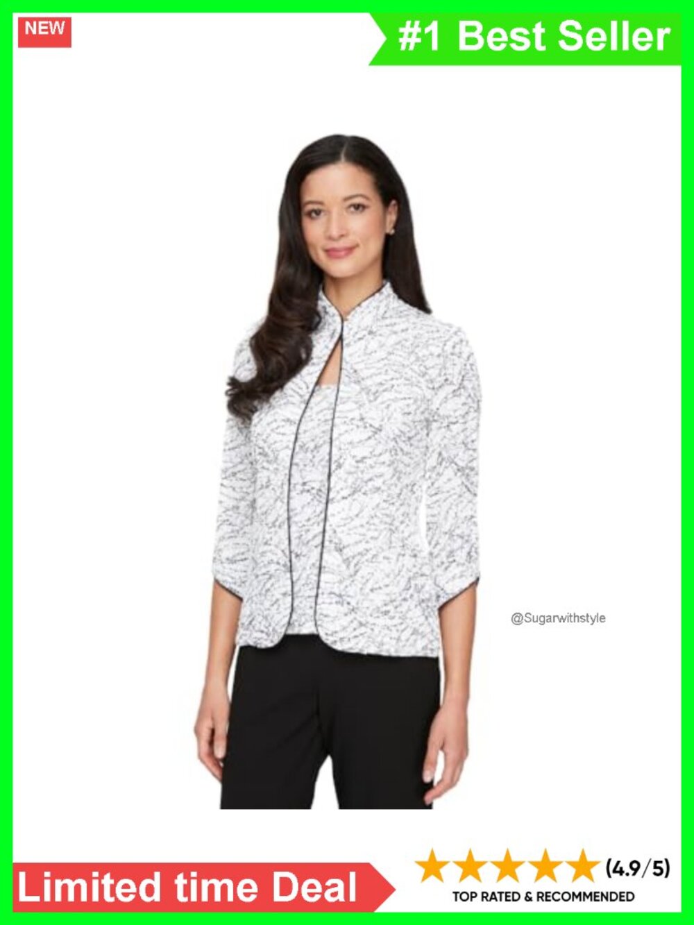 Women's Mandarin Collar Jacket and Cami Set 3/4 Sleeve Glitter Knit